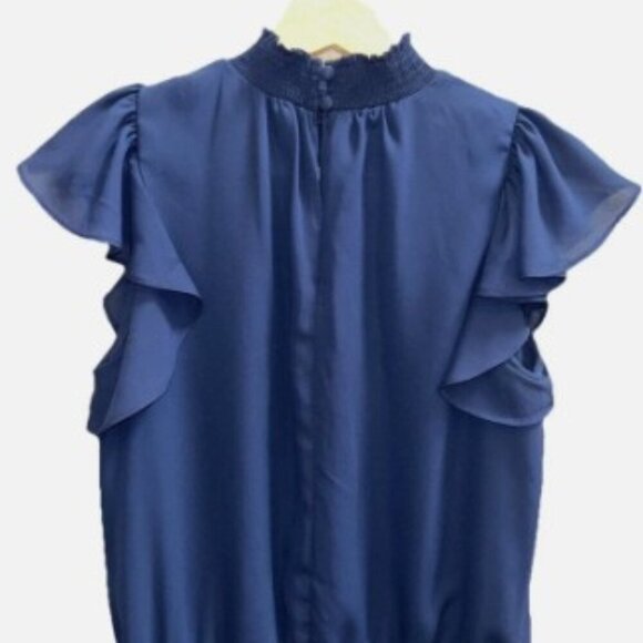 1. STATE Navy Blue Mock Neck Smocked Blouson Ruffle Mini Dress Women's Size XS - Picture 4 of 10